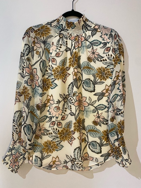 Melanie Lyne Tops - Melanie Lyne Floral High-Neck Smocked Blouse - Cream Multi